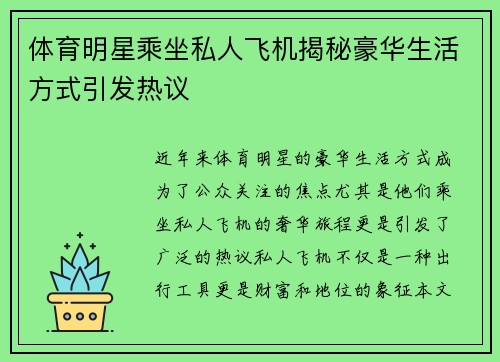 体育明星乘坐私人飞机揭秘豪华生活方式引发热议