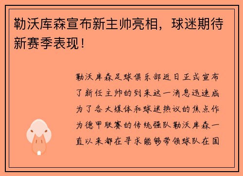 勒沃库森宣布新主帅亮相，球迷期待新赛季表现！